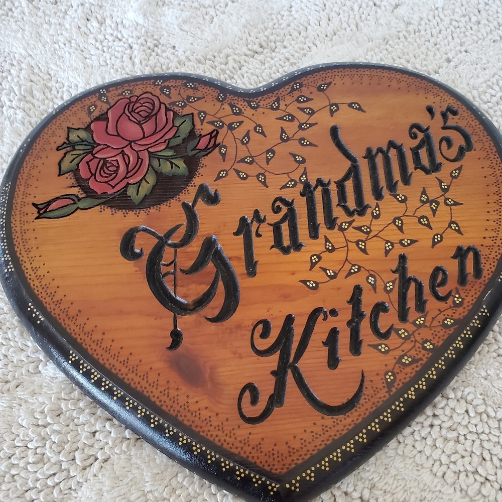 Handmade Heart Wood Wall Hanging "Grandma's Kitchen" Floral 12 x 10" Kitschy - Picture 3 of 13